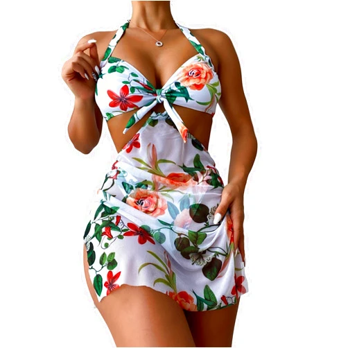 WDIRARA Women's 3 Pieces Floral Print Tie Front Halter Bikini Swimsuit with Split Beach Skirt