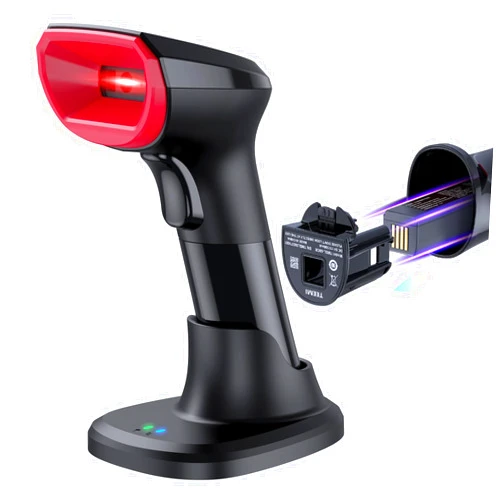 TEEMI 2D Bluetooth Barcode Scanner with Smart USB Cradle Wireless UPC Reader QR Code Scanner 2-in-One Handheld and Handsfree Scanning for Retail, Warehouse, Library, Easy Swap Replaceable Battery