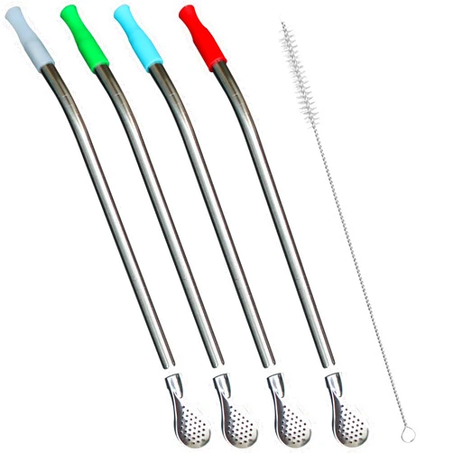 Beruth Reusable Bombilla Yerba Mate Straw - Stainless Steel Removable Spoon Style Filter with Soft Silicone Tip - Metal Straw for Drinking Loose Leaf Tea, Coffee - Includes Cleaning Brush by Beruth