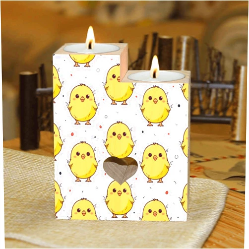 Pnyoin Cute Yellow Baby Chicks Candle Holders Gift for Women Wooden Heart Candlestick Personalized Christmas Birthday Graduation Friendship Gifts Home Wedding Dinning Party Decorative