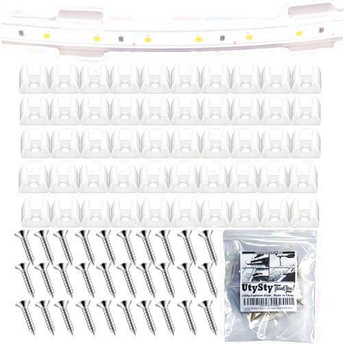 UtySty 50 Pack LED Strip Light Clips With Screws Neon lamp Mounting Fixing Bracket Clamp Holder for 10-12mm RGB Lights Buckles Flexible Ribbon Tape Cable Management 5050/5630 Indoor and Outdoor