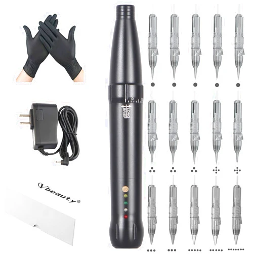 Ybeauty Eyebrow Tattoo Machine Kit - Micropigmentation Eyeliner Pen with 15pcs Cartridges Needles for Brow Eyeliner Lip Microblading