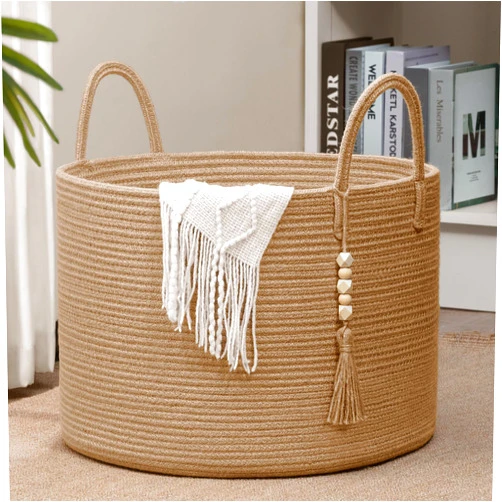 Goodpick Large Wicker Laundry Basket Jute Woven Basket for Clothes, Shoes, Towels, Decorative Storage Basket in Living Room, Bathroom, Entryway, Round Toy Basket 17.7 x 12.6 Inches, Jute