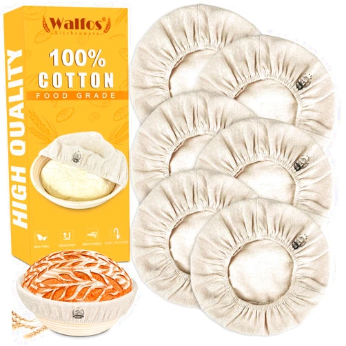 WALFOS Bread Basket Liner Cloth, 6 Packs 10 inch round bread proofing basket cloth liner, Baking Dough Basket Cover Natural Rattan Banneton Proofing Cloth