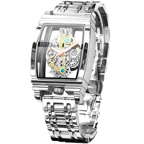 FORSINING Men's Luxury Hollow Skeleton Watch Retro Gorgeous Gear Carving Design Rectangle Tonneau Large Dial Leather Belt & Stainless Steel Band Quartz Wristwatch Not Mechanical Watches