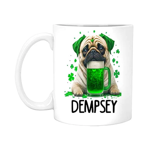 Generic St. Patrick's Day Dog Personalized Name Dempsey 11oz White Mug Funny Irish Coffee Cup for Pug Drink Beer Dog Lover Men Women, Shamrock Pet Dog Gift for Dog Owner 11 Oz White Mug 181263