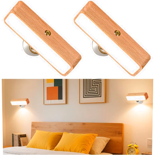 Moroommt Battery Operated Wall Sconces Set of Two, Rechargeable Wall Lights Battery Operated, Wood Stick On Wall Mounted lamp Bedside Reading for Bedroom, Stepless Dimmable Wall Lamps for Living Room