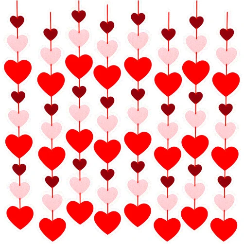 Partyprops 8 Packs Valentines Day Felt Heart Hanging String Garlands - NO DIY - Valentines Decorations - Valentine's Day Party Decorations Supplies - Valentines Burgundy Pink Red Heart Garland Decorations