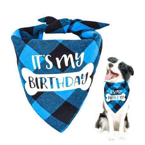 VIPITH Double Sided Cotton Dog Birthday Bandana Girl Boy, Washable Reversible Plaid Painting Dog Scarf Bibs for Small Medium Large Unisex Dogs Cats Pets