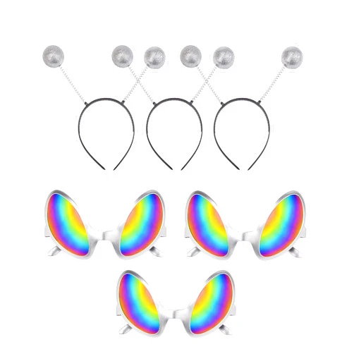 Fuyage 3 Pairs Silver Martian Antenna Headband Alien Headband Boppers Ball with Alien Glasses Silver Glasses Rainbow Color Lens Party Supplies for Kids and Adults
