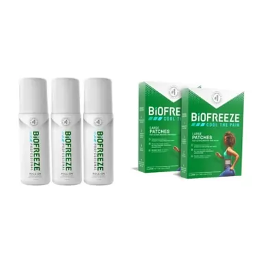 Biofreeze Professional Pain Relief Roll-On, 3 oz. Bottle, Green, Pack of 3 & Pain Relief Patch, Large, 10 Patches