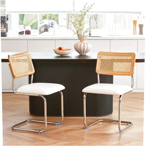 GrandNoor White Rattan Dining Chairs Set of 2, Wooden Mid-Century Modern Kitchen Chairs, Mesh Back Cane Dining Room Chairs, Cesca Design Chairs with Metal Chrome Legs
