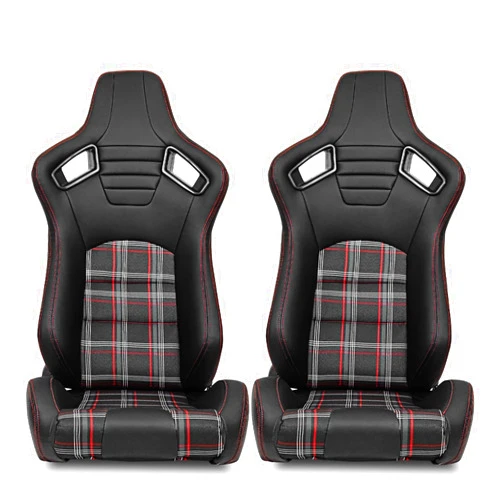 FREEMOTOR802 Racing Seats with Dual Lock Sliders, Universal For Most Cars Vehicles First Row, 1 Pair Reclinable Sport Bucket Seats, PU Plaid Fabric Carbon Fiber Look Leatherette, Black Red