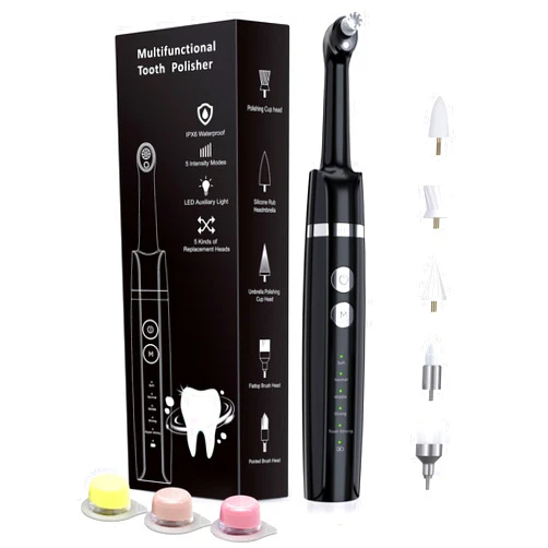 Smile-Aid Tooth Polisher, Rechargeable Tooth Whitening Kit for Teeth Cleaning and Whitening, with 3 Tooth Polish Paste and 5 Brush Heads, LED Light, Easy to Use at-Home Personal Dental Care Kit (Black)