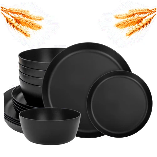 Ejonirinjonir EI 12pcs Wheat Straw Dinnerware Set of 4,Plates and Bowls Sets,Reuasble Plates,Unbreakable Dinner Plates,Hard Premium Plastic Plates,Heavy Duty Plastic Plates for Camping,Picninc,Family Dinner