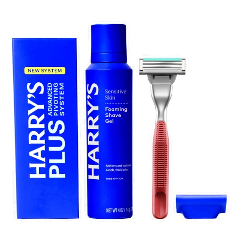 Harry's Plus Shaving Kit for Men - Premium Handle, Razor Blade Cartridge, Foaming Shave Gel, and Travel Blade Cover - Advanced Pivoting System - Clay