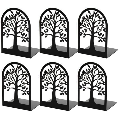 Happyhapi Bookends Metal Book Ends to Hold Books, Tree Decorative Bookends for Shelves, Black Book Stopper Bookend for Heavy Books, Book Holder for Shelf Home Office, 6.8 x 4.7 x 3.5(3 Pair/6 Pcs)