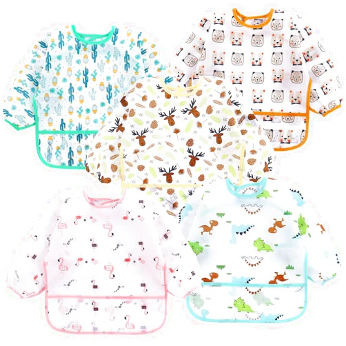 PandaEar 5 Pack Long Sleeve Bibs for Babies 6-24 Months, Lightweight Waterproof Toddler Smock for Eating & Messy Art, Washable Weaning Bibs with Stay-Open Pocket, Breathable & Travel-Friendly