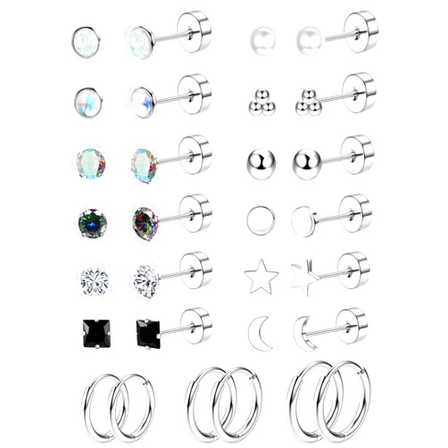 Jstyle Hypoallergenic Flat Back Stud Earrings for Women Men Surgical Stainless Steel Earrings for Sensitive Ears Small Stud Hoop Silver Gold Black Earrings Cartilage Earring Set for Multiple Piercing