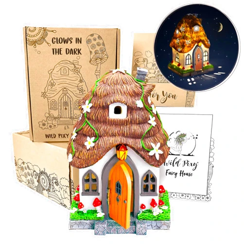 WILD PIXY Fairy Garden House - Glow in The Dark Fairy Cottage with Opening Door and Solar LED Light, Beautiful Miniature Garden Decoration for Indoor or Outdoor Fairy Gardens - 7.1