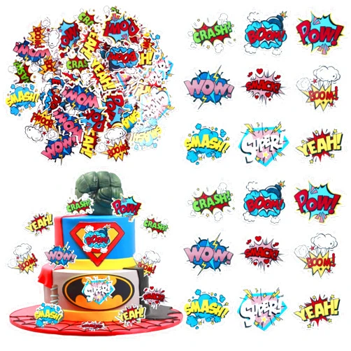ZHUOWEISM 63 PCS Edible Super Hero Boom Cupcake Toppers Smash Crash Pow Cupcake Picks Edible Superhero Cake Decorations for Celebrating Hero Theme Baby Shower Kids Birthday Party Food Decorations Supplies