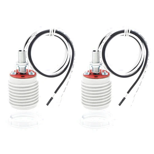 RTNLIT E26 Light Socket with Aluminum Shade Ring, Ceramic Medium Base Standard Screw-in Threaded Bulb Socket, Porcelain Pre-Wired Lead Lamp Holder for Halogen LED Bulb (Pack of 2)