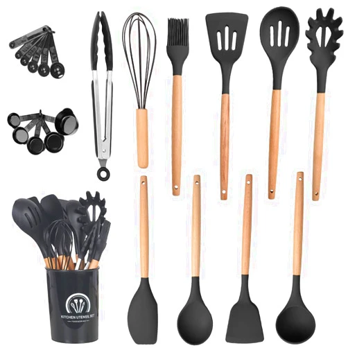 ADOSON Kitchen Utensil Set, 21 Cooking Utensils Set, Silicone and Wooden Handle Kitchen Utensils with Holder, Non-Stick and Heat Resistant, Kitchen Cooking Utensils Spatula Set, Baking, Frying（Black）