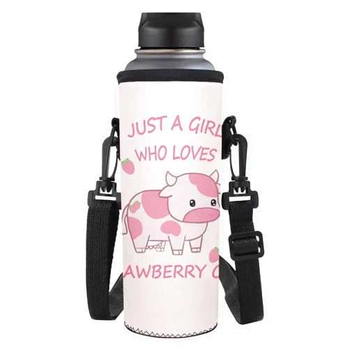 Jeiento Water Bottle Carrier Bag for Women Men Kids Insulated Neoprene Portable Sling Protector Pouch Covers with Just A Girl Who Loves Strawberry Cow Pattern