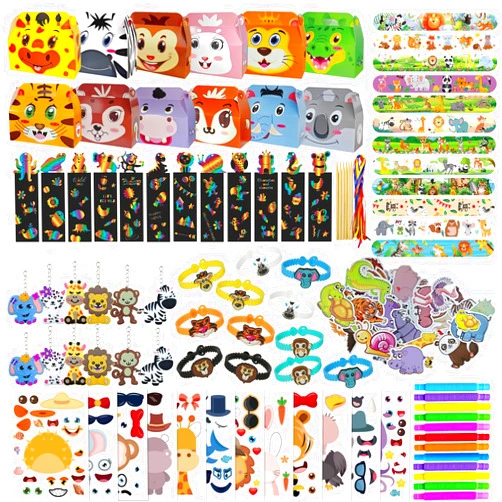 CALSPY 124 PCS Animal Theme Party Favors for Kids Ages 3 - 6 - Jungle Safari Goodie Bags Stuffers,Wild One Birthday Supplies, Classroom Prizes&Toddler Party Favors ,Jungle Trinkets for toddlers Showe