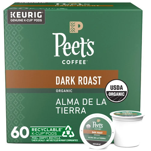 Peet's Coffee USDA Organic Alma de la Tierra Dark Roast K-Cup Pods for Keurig Brewers, 10 Count, Pack of 6