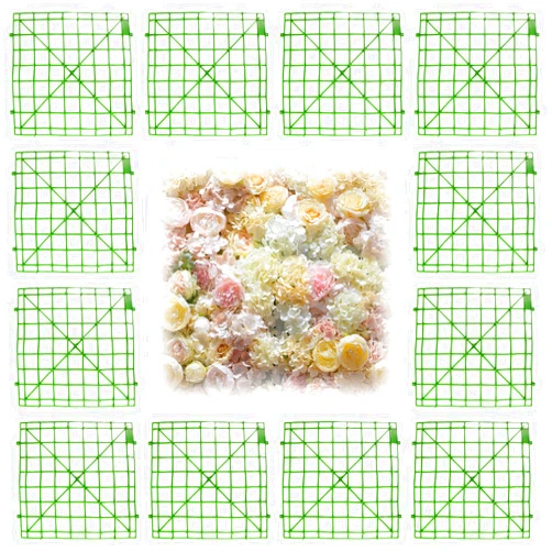 JUAWTYUK 12-Pack Artificial Flower Grid Panels (10×10 Inches) with Plastic Fence Frames and Artificial Flower Plant Vases for Wedding Party Decorating & DIY Decorative Fences Panel for Artificial Flow