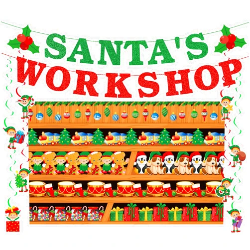 Peryiter 27 Pcs Christmas Santa's Workshop Backdrop Set Include 73 x 45 Inches Background 2 Santas Workshop Banner 24 Christmas Hanging Swirls Decorations for Xmas Holiday Party Supplies