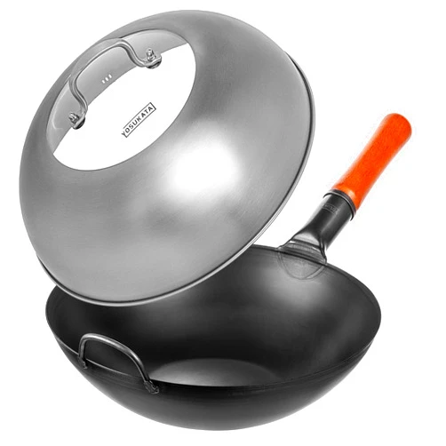 YOSUKATA Carbon Steel Wok Pan – 13,5 “ Woks and Stir Fry Pans + Wok Lid 12.8 Inch - Premium Stainless Wok Cover with Tempered Glass Insert Steam Holes and Ergonomic Handle