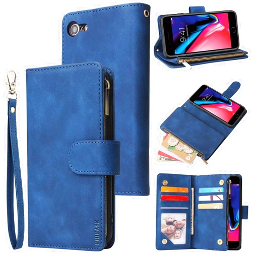 CHICASE Wallet Case for iPhone 7 Plus,iPhone 8 Plus Case,Leather Handbag Zipper Pocket Card Holder Slots Wrist Strap Flip Protective Phone Cover for Apple iPhone 7 Plus/iPhone 8 Plus(Blue)