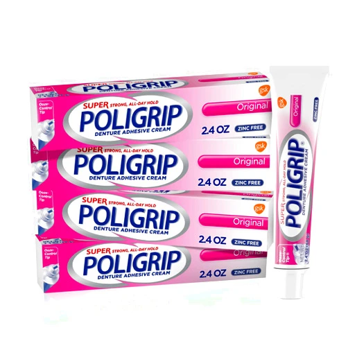 Super Poligrip Original Denture Adhesive Cream, Zinc Free Denture Cream for Dentures - 2.4 Ounces (Pack of 4)