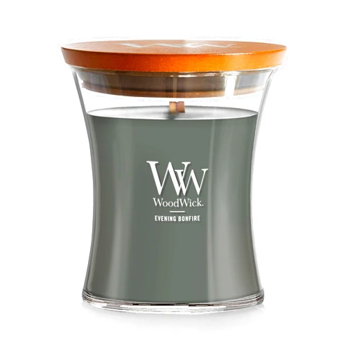 WoodWick Medium Hourglass Candle, Evening Bonfire Scented with Premium Soy Blend Wax, Pluswick Innovation Wood Wick, Fall Decor Fragrance