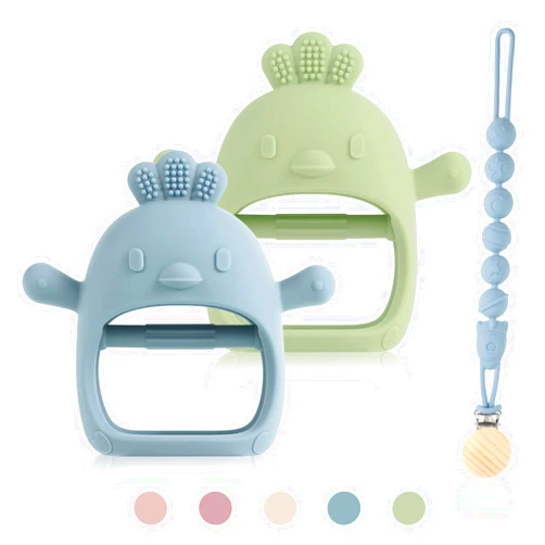 CLIONEEY BABY 3 Packs Baby Teether Toy for 0-6 6-12 Months,Hold & Wear,BPA Free,Food Grade Silicone Teething Mitten, Anti Dropping Wrist Hand Teethers Baby Chew Toys for Sucking Needs(Blue & Green)
