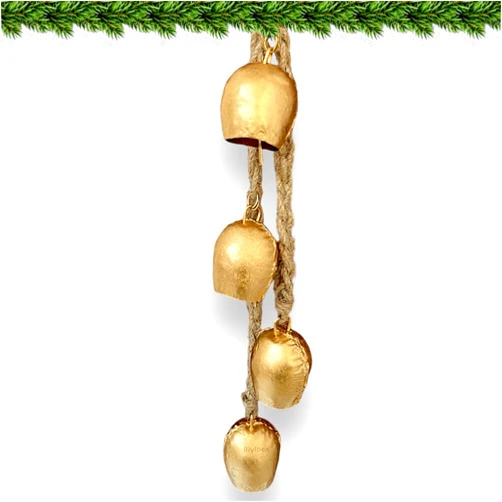 RIYLBEX Christmas Gold Metal Bells with Jute Hanging Rope Set of 4 Vintage Decorative Bell Chime Wall Hanging Brass Finish Home Decor Bells for Christmas, Easter & Winter Holiday