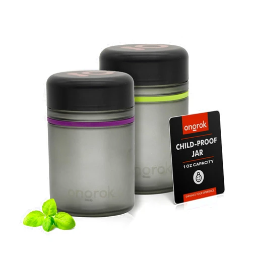 ONGROK Glass Storage Jar, 500ml, 2 Pack, Color-Coded Airtight Glass Containers, UV Herb/Spice Jar to with Child Resistant Lid, Perfect Size Jar to Store in a Drawer or Cupboard