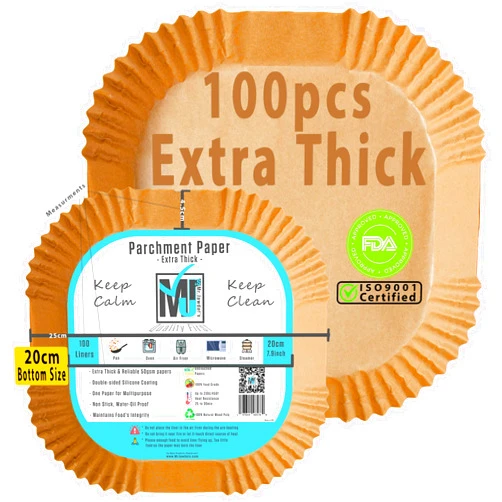 Mr.Jawdat's ((Extra Thick)) Air Fryer Disposable Paper Liner 100Pcs,Mr.Jawdat's Thick Air Fryer Liners, Parchment Paper Baking Roasting, AirFryer paper Water-Grease-proof (Square, Bottom Size 20cm/7.9inch)