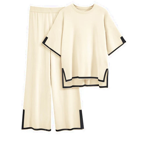 LILLUSORY 2 Piece Lounge Sets Women's Short Sleeve Knit Top Wide Leg Pants Sets