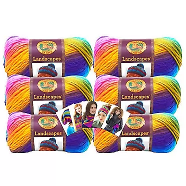 Lion Brand Landscapes Yarn - 6 Pack with Pattern Cards in Color Boardwalk [545-201] Self striping in bright shades of blue, green, brown, yellow, orange, fuchsia, and purple