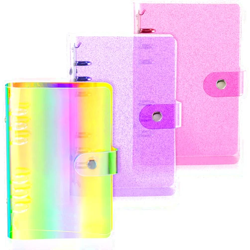 Outus 3 Pieces Clear A6 Binders Colorful A6 PVC Binder Soft PVC 6-Ring Binder Cover Transparent PVC Notebook Folder Cover Budget Glitter Laser Refillable Planner Office(Rainbow, Purple, Pink)