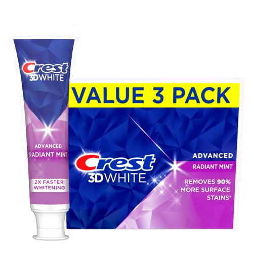 Crest 3D White Advanced Teeth Whitening Toothpaste, Radiant Mint, 3.3 oz, Pack of 3