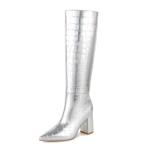 Lumeheel Women's Knee High Extra Width Boots with Pointed Toe Block Heel, Silver, 9.5 Wide