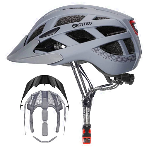 GROTTICO Adult-Men-Women Bike Helmet with Light - Mountain Road Bicycle Helmet with Replacement Pads & Detachable Visor