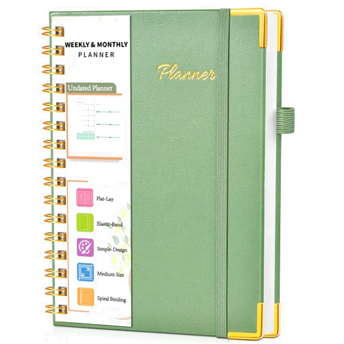 NOTBOKPA Undated Weekly Planner, Hardcover Leather Weekly & Monthly Calendar Blank Planner, To Do List Notebook with Goal & Habit Tracker Organizer, A5 Daily Planner with Spiral Binding, Ideal for Work School Home, Green