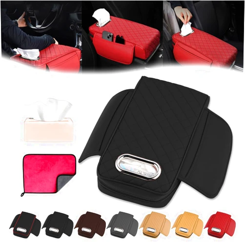 Dmqwhtj Memory Foam Car Armrest Cushion, 2024 New Ultra-Soft Car Arm Rest Cover Pad, Memory Foam Arm Rest for Car with Tissue Box Hole, Relieve Elbow Fatigue, with 2 Storage Pockets, for All Car (Black)