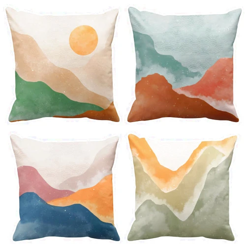 Emvency Boho Set of 4 Throw Pillow Covers Mid Century Bohemian Landscape Mountain Sunset Modern Abstract Minimalist Decorative Pillow Cases Home Decor Standard Square 18x18 Inches Pillowcases
