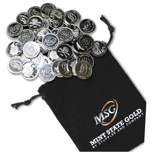 MINT STATE GOLD Fifty (50) One Gram .999 Pure Silver Rounds with Random Designs in a Jewelry Pouch by Mint State Gold